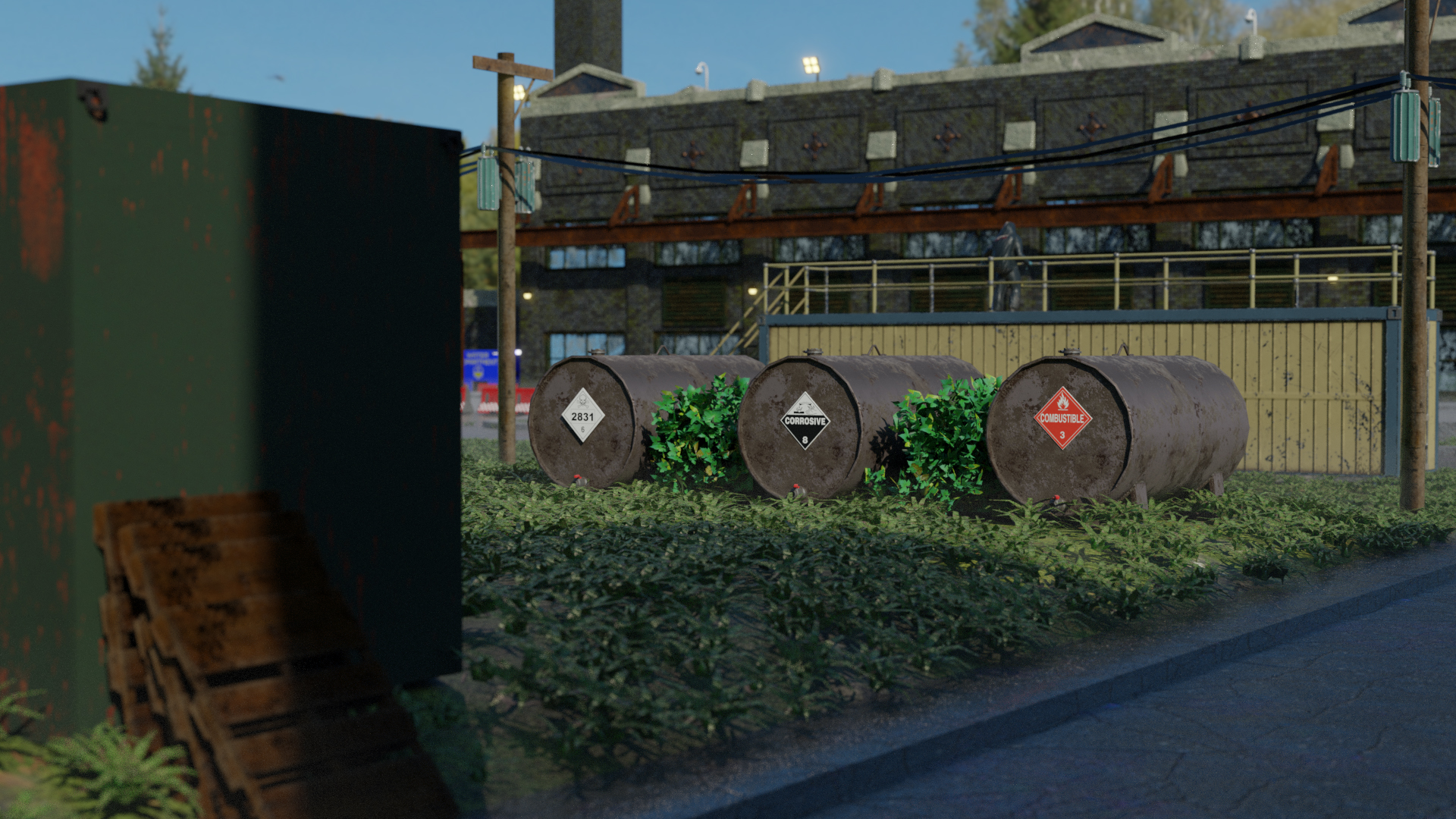 Virtual environment with three large hazardous waste barrels in an industrial setting