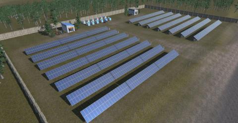 Bird's eye view of a virtual environment with 14 long rows of solar panels