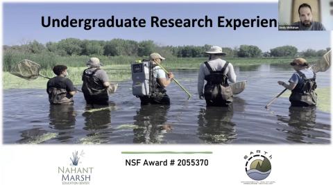 Webinar start screen - people standing in marsh with field equipment and wearing waders