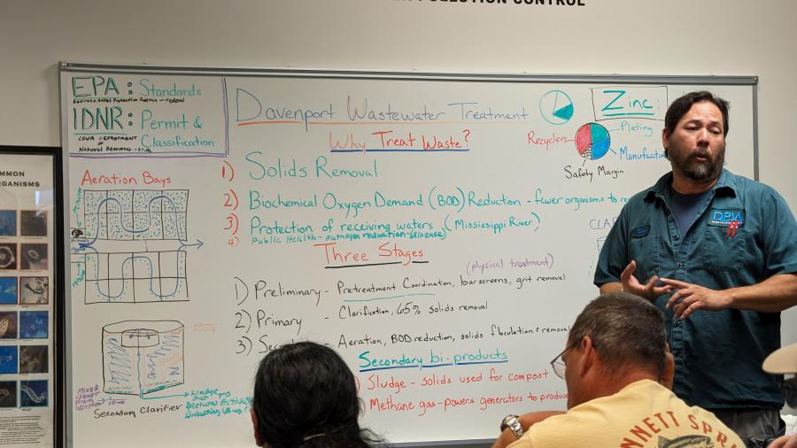 Man with a blue button up collar standing in front of a whiteboard with waste waster diagrams